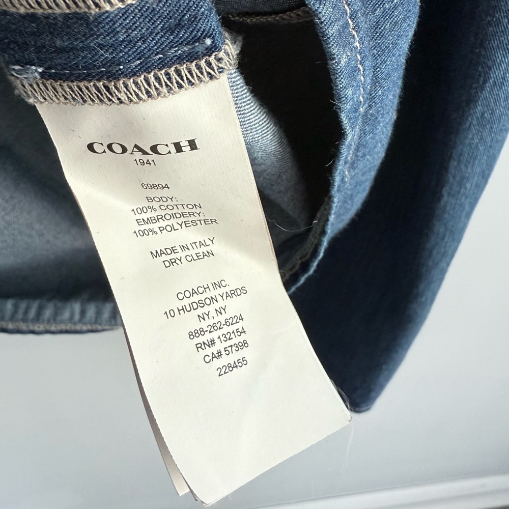 Coach Embroidered Denim Dress Blue Size 12 Made In Italy Snap Button Closure - Picture 12 of 16
